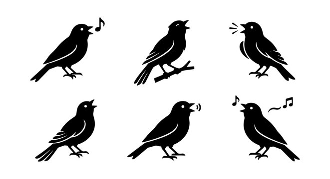 Singing Birds Vector Icons Set, Black Silhouette Avian Music Symbols, Nature Wildlife Songbird Collection