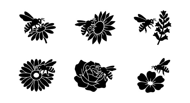 Black and White Bee and Flower Icons, Vector Set: Nature, Insects, Floral Elements, Simple Line Art for Design