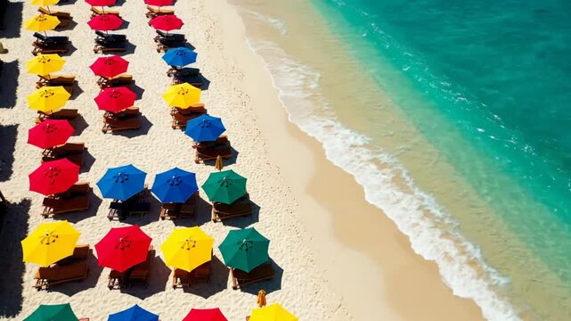 Aerial view of a colorful beach with rows of umbrellas and lounge chairs next to turquoise water