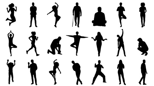 Set of diverse silhouettes performing various dance and movement poses isolated on transparent background, Vector