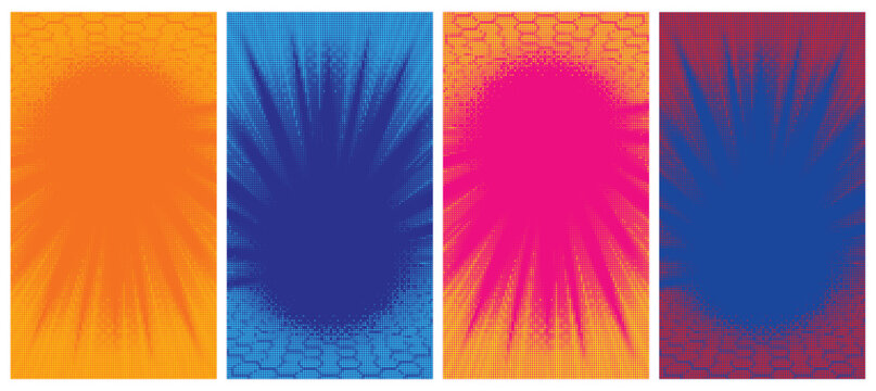 Set of four abstract backgrounds with halftone dot grids and radial starburst textures.