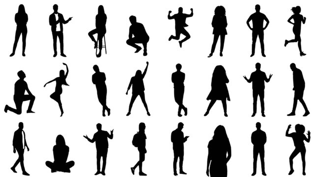 Set of diverse people silhouettes in various dynamic poses and activities isolated on transparent background, Vector