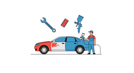 Fototapeta premium Auto Body Repair: Mechanic Painting Car with Spray Gun, Tools, White Background