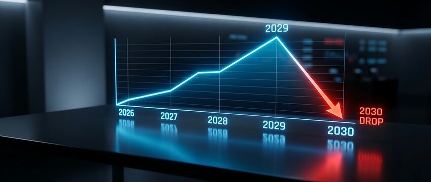 Digital holographic stock market graph with a major crash in 2030