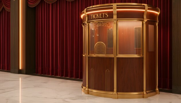 Classic old theater ticket booth standing in front of a red velvet curtain in a luxury lobby, representing classic entertainment and cinema entry concept