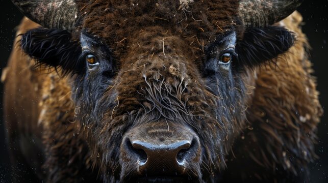 Wet, thick fur clings to a bison's face. Brown eyes meet the camera with quiet intensity. Rough, dark snout glistens with moisture. Muddy, heavy coat hints at recent storm or river crossing