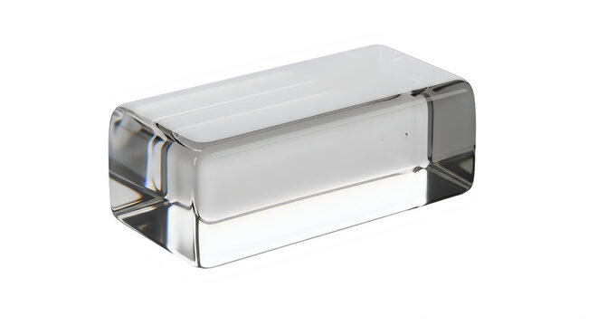 Clear glass or crystal rectangular prism object with rounded edges and smooth surface transparent background