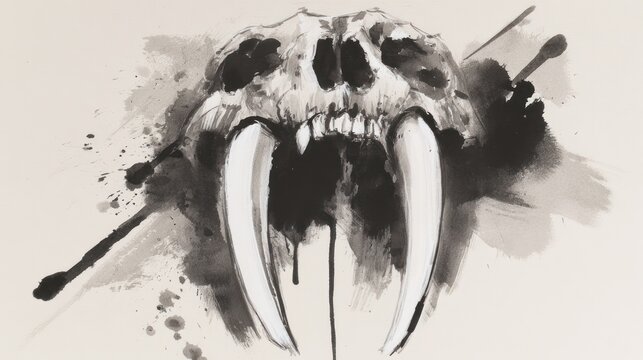 Sabertooth skull illustration artistic depiction with dark tones on white