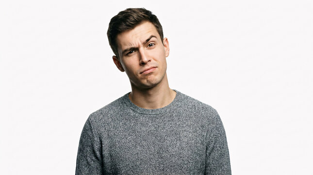 A perplexed young man with a furrowed brow and tilted head conveys confusion or uncertainty, captured in a studio portrait against a clean white background