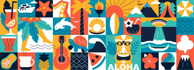 Hawaii Aloha Seamless Pattern Background with Tropical Vacation Symbols, Holiday Vector Design © Olesia