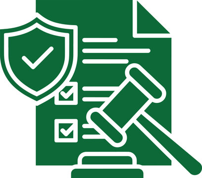 Green document with shield and gavel icons for legal or security concept  checkmarks on paper