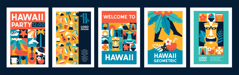 Creative Mosaic Geometric Hawaii Poster Set with Aloha Typography, Tropical Party Design Templates © Olesia