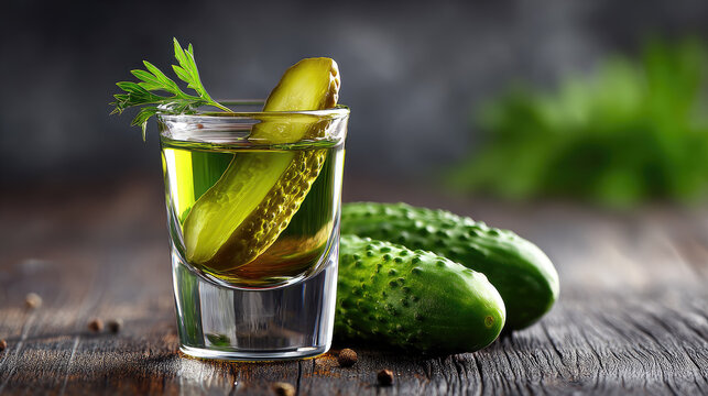 Pickle shot glass filled with flavored liquor and garnished with a crisp cucumber slice and dill, reflecting a modern bar trend and a unique refreshing drink concept