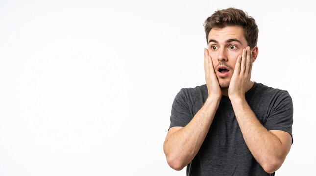 A young man with a startled and wide-eyed expression, holding his hands to his face in genuine shock or intense surprise against a clean white background