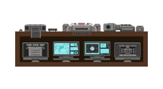 Retro Computer Setup with Multiple Monitors and Vintage Electronics