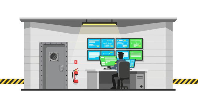 Security guard monitoring surveillance screens in control room with computers
