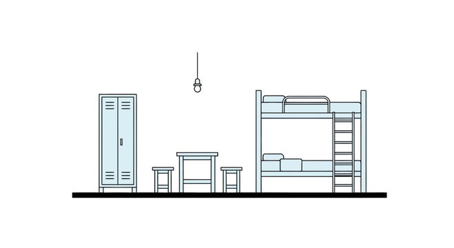 Bunk Bed, Locker, Table, Stools in Dorm Room - Minimalist Line Art