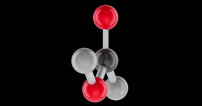 Formic acid molecule rotation animation seamlessly loopable. 3D rendering isolated on transparent background