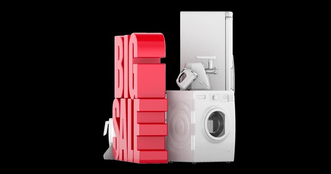 Home appliances with big sale sign rotation animation seamlessly loopable. 3D rendering isolated on transparent background