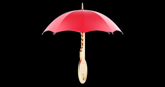 Key under umbrella rotation animation seamlessly loopable. 3D rendering isolated on transparent background