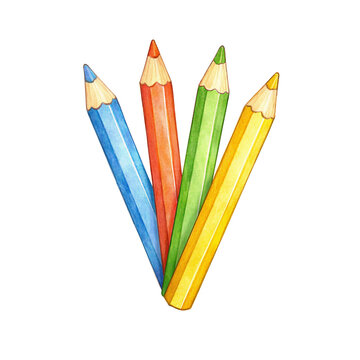 Verschiedene Holzstifte, Buntstifte in Blau, Rot, Gr&uuml;n und Gelb, freigestelltes PNG