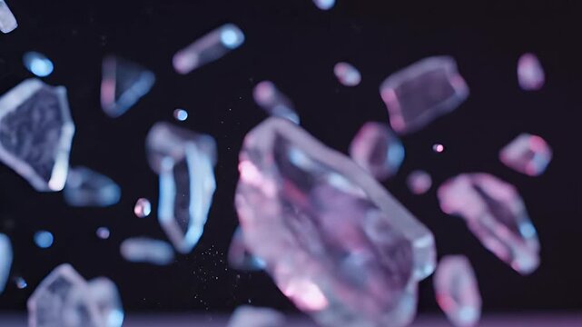 Ice crystals floating in dark space.