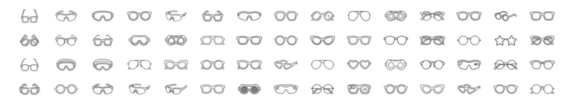 set of eyeglasses and sunglasses outline icons assortment on transparent background