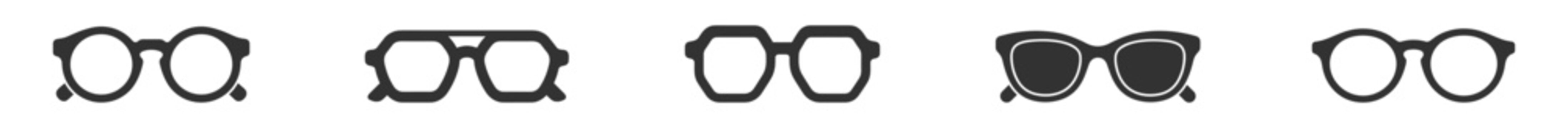 set of five black eyeglass frames icons isolated on transparent background