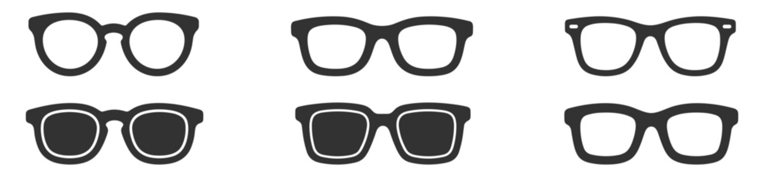 black eyeglasses icons set with different frame shapes and styles vector illustration on transparent background