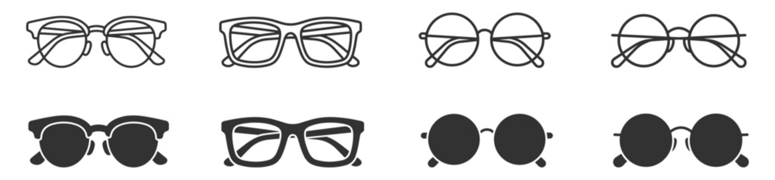 set of four eyeglass frames line and silhouette icons on transparent background