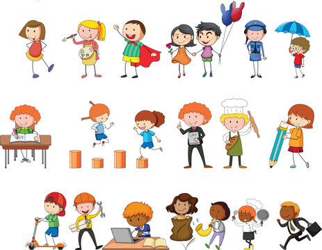 Vector graphic illustration collection featuring diverse children engaging in many different fun creative career activities