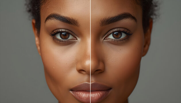 Before and after skincare treatment comparison split screen on beautiful Black woman face.