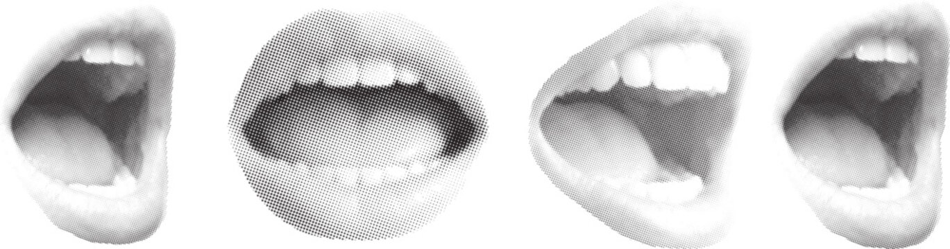 Open Mouth in halftone texture, dotted pop art style. Woman lips as retro halftone Vector illustration. Four open mouths with different expressions.