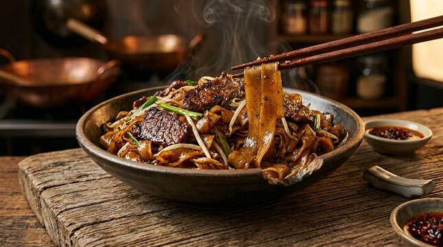 Beef Chow Fun Flat Noodles &mdash; Wok hei flat rice noodle beef beansprout scallion wok smoke bite taken cross-section interior revealed