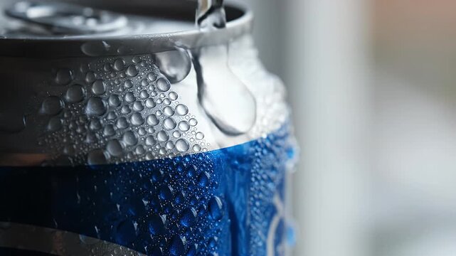 Cold soda can with water droplets.