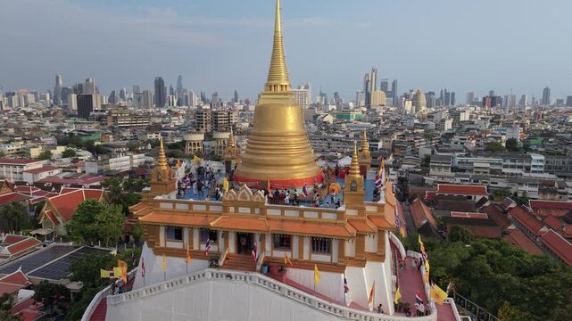 Bangkok, Thailand - 03 June 2026: Aerial view of Wat Saket Ratchawora Mahawihan with its golden stupa and city skyline in Bangkok, Krung Thep Maha Nakhon, Thailand.