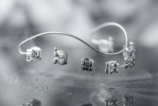 Metal orthodontic archwire and dental braces brackets on a reflective surface with water droplets
