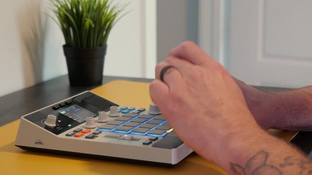 Music producer hands tapping drum pads hardware sampler making hip hop beats electronic music production sequencing audio finger drumming workstation