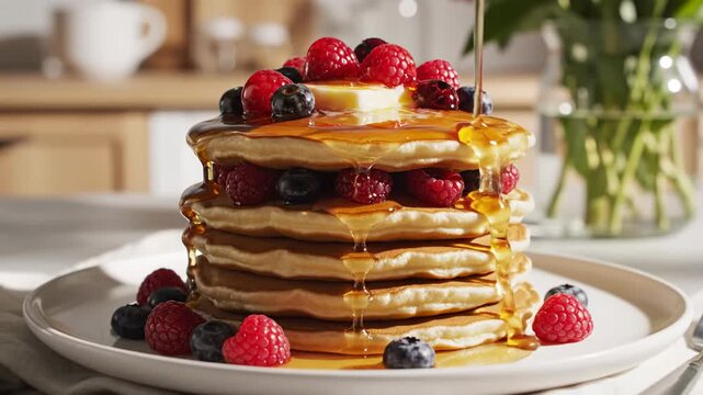 A delightful tower of fluffy golden pancakes, generously topped with melting butter, fresh vibrant berries, and a cascade of sweet amber syrup, presented appetizingly on a ceramic plate