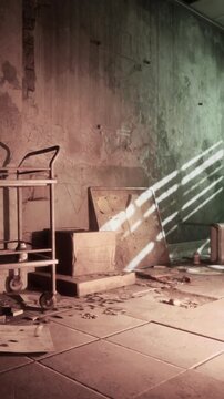 Sunlight shines through the window onto the floor of a dusty storage room. A cart stands beside boxes and debris scattered around the space. The walls show signs of age and neglect.