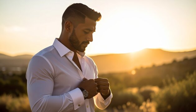 Elegant man buttoning a white dress shirt at sunset with countryside backdrop