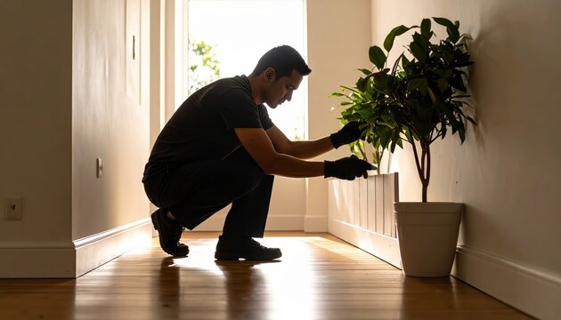 Man crouching to meticulously tend to indoor houseplant in modern interior