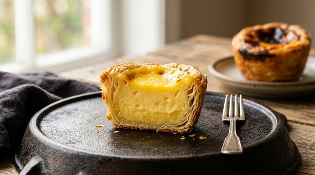 Egg Tart Close Cross-Section &mdash; Egg tart cross-section showing custard layer and pastry side close wide styled full scene setting editorial Fujifilm GFX 100S 110mm