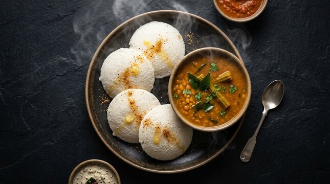 Idli Fluffy Steamed &mdash; Fluffy white idli steamed rice cake with sambar overhead overhead