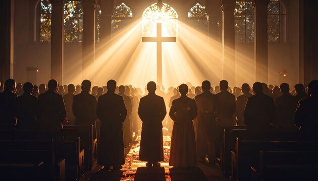 Congregation bathed in ethereal light at a church with central cross figure