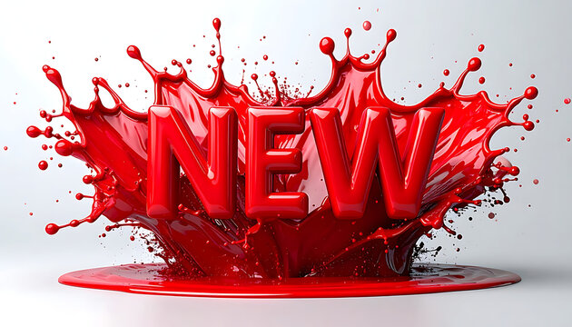 Bright red liquid splash exploding around the word NEW, dynamic motion and fluid art