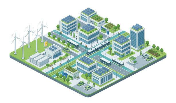 Renewable energy city isometric vector infographic with climate change solutions and sustainable development concepts