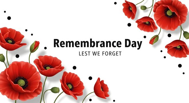 Remembrance Day poppies wreath with Lest We Forget text on white background minimalist memorial