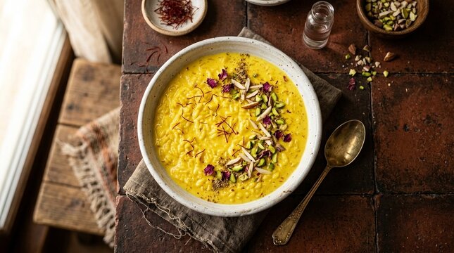 Kheer Rice Pudding &mdash; Saffron rose water kheer rice pudding in white bowl overhead wide styled full scene setting editorial