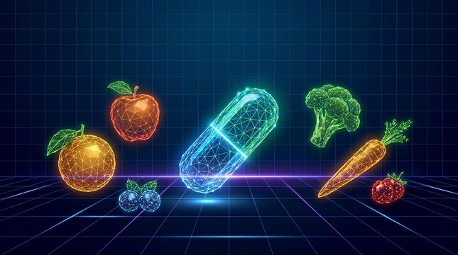 Futuristic glowing 3D wireframe of medicine capsule with neon digital fruits and vegetables. Concept of sci-fi health, biotech and cyber BAA.